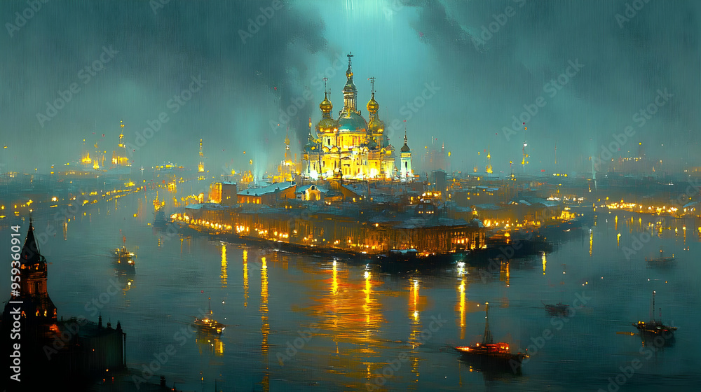 Night cityscape with an illuminated cathedral on an island surrounded by water. Night cityscape with an illuminated cathedral on an island surrounded by water.