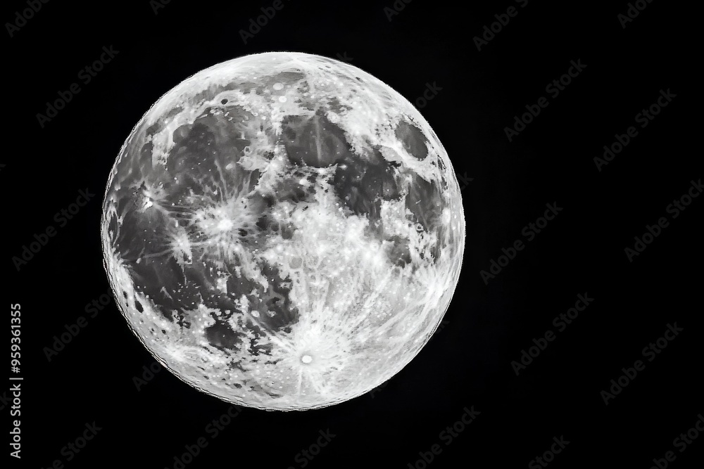 Naklejka premium Full Moon Close-Up on a Black Background, High-Definition Photography