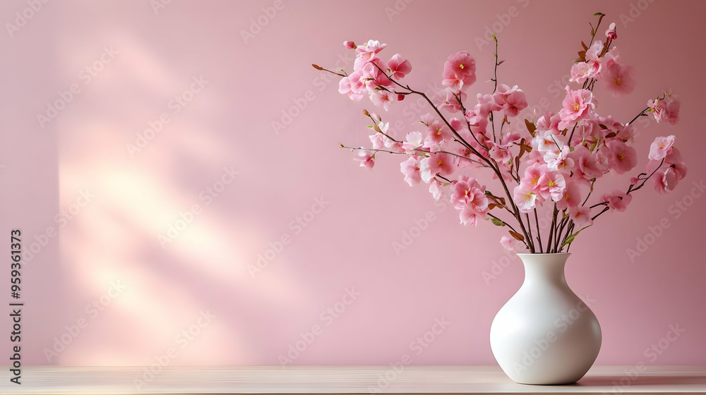 Pink cherry blossom branches in white vase on pink wall with natural light.