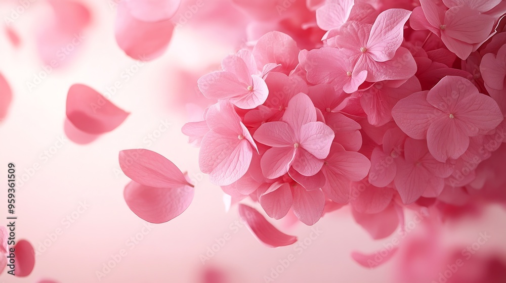 Beautiful hydrangea flowers frame with flying petals at pink background : Generative AI Beautiful hydrangea flowers frame with flying petals at pink background : Generative AI