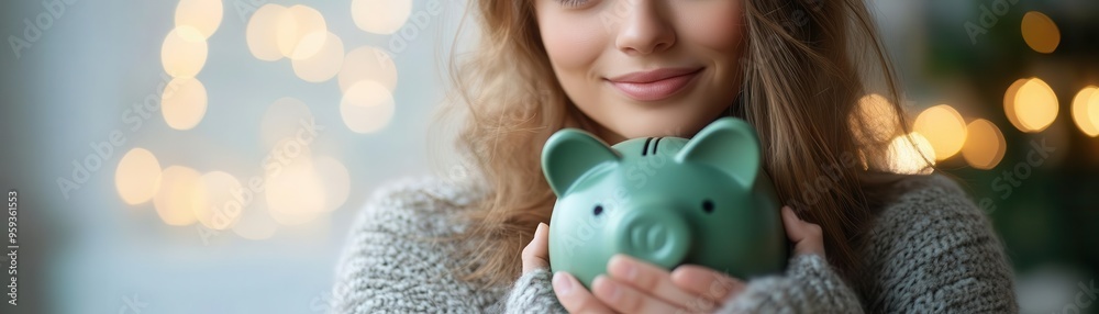 Woman holding eco-friendly piggy bank, soft bokeh lights in background, sustainable savings, financial responsibility Woman holding eco-friendly piggy bank, soft bokeh lights in background, sustainable savings, financial responsibility