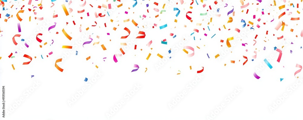 White Background with Colorful Confetti and Ribbons Along Bottom Edge, Celebration Concept, Flat Design Style White Background with Colorful Confetti and Ribbons Along Bottom Edge, Celebration Concept, Flat Design Style