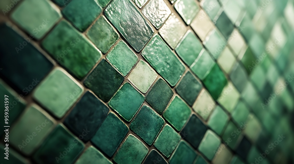 Green and jade handmade retro tiles in a herringbone pattern on the wall of a shower : Generative AI Green and jade handmade retro tiles in a herringbone pattern on the wall of a shower : Generative AI
