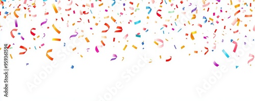 White Background with Colorful Confetti and Ribbons Along Bottom Edge, Celebration Concept, Flat Design Style