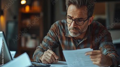 Serious and focused financier accountant on paper work inside office mature man using calculator and laptop for calculating reports and summarizing accounts businessman at work in casu : Generative AI