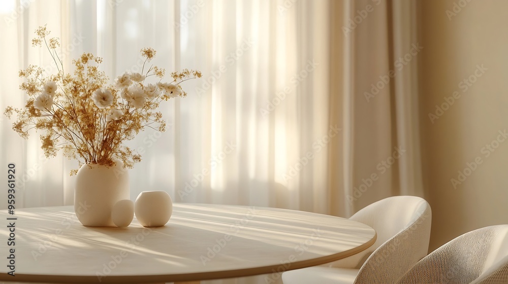 Interior design of minimalist beige dining room with table stylish chairs flowers in vase lamp decorations and personal accessories Template Home decor : Generative AI Interior design of minimalist beige dining room with table stylish chairs flowers in vase lamp decorations and personal accessories Template Home decor : Generative AI