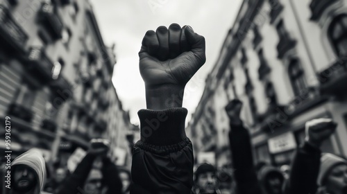 A single fist raised in the air, a symbol of defiance and resistance, is seen in a crowd of people in black and white.