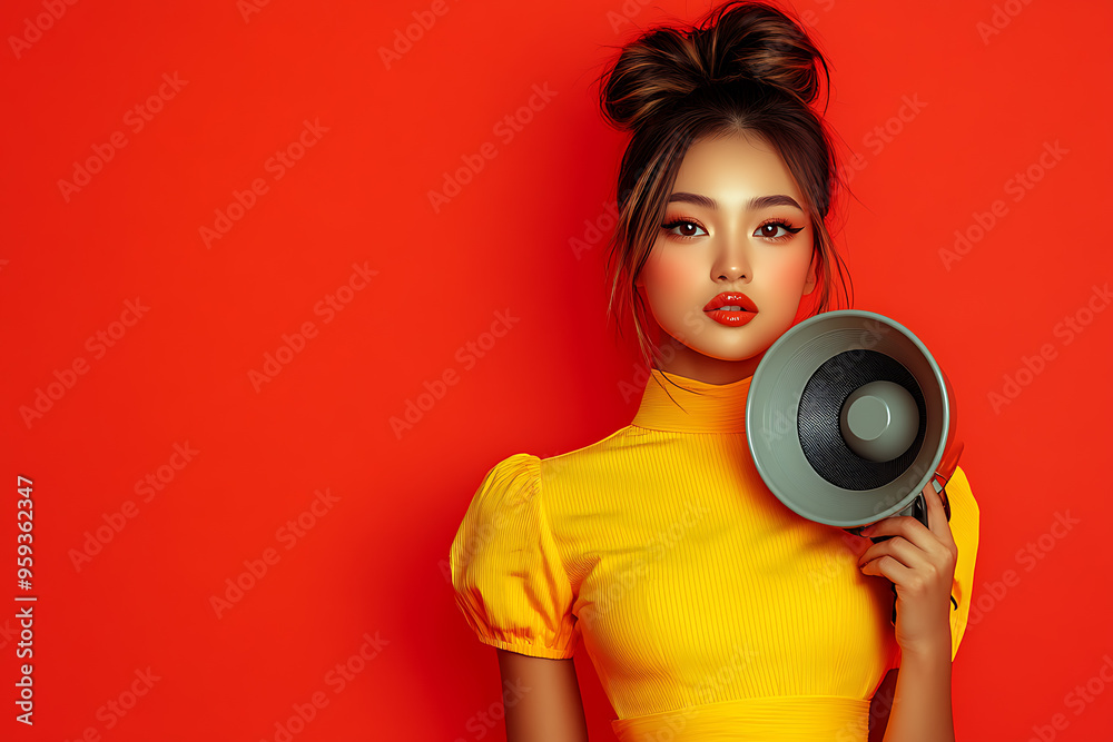 Obraz premium Stylish woman in a red outfit holding a loudspeaker against a bright yellow background, with ample space for text on the side.