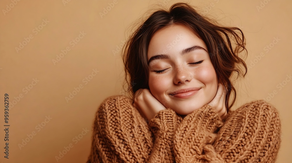 Fototapeta premium Happy smiling woman with closed eyes hugging herself wearing comfortable brown knitted sweater isolated on beige background Winter concept : Generative AI