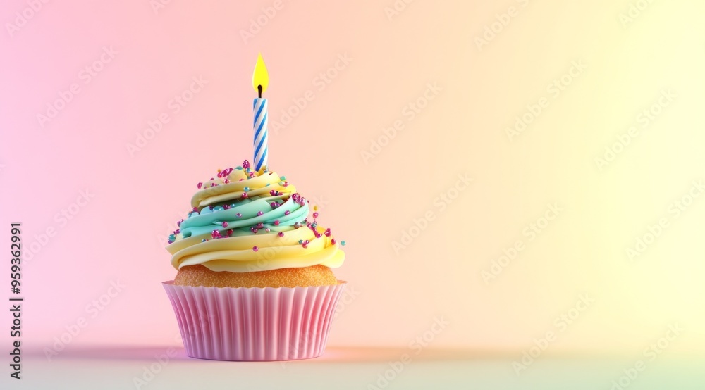 3D Rendered Birthday Cupcake with Candle on Pastel Background, Minimalist Banner Concept with Copy Space 3D Rendered Birthday Cupcake with Candle on Pastel Background, Minimalist Banner Concept with Copy Space