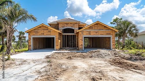 Street view of a bilevel singlefamily house under construction with garage entranceway at left in a suburban residential development on a sunny afternoon in southwest Florida : Generative AI photo