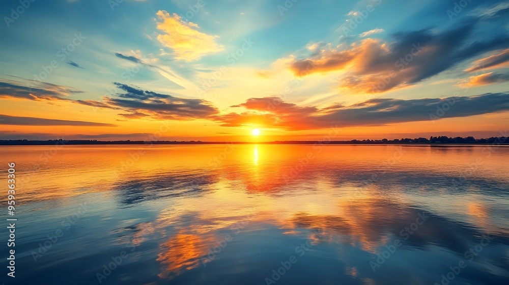 A peaceful sunset over a calm lake, symbolizing peace and tranquility A peaceful sunset over a calm lake, symbolizing peace and tranquility