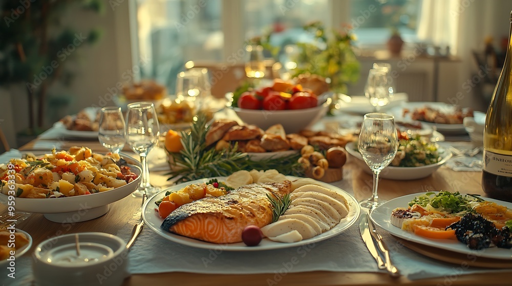 a beautifully decorated table with delicious food Everything is ready for lunch or dinner with delicious snacks and a cozy atmosphere Serving a holiday table with fish dishes salads an : Generative AI a beautifully decorated table with delicious food Everything is ready for lunch or dinner with delicious snacks and a cozy atmosphere Serving a holiday table with fish dishes salads an : Generative AI