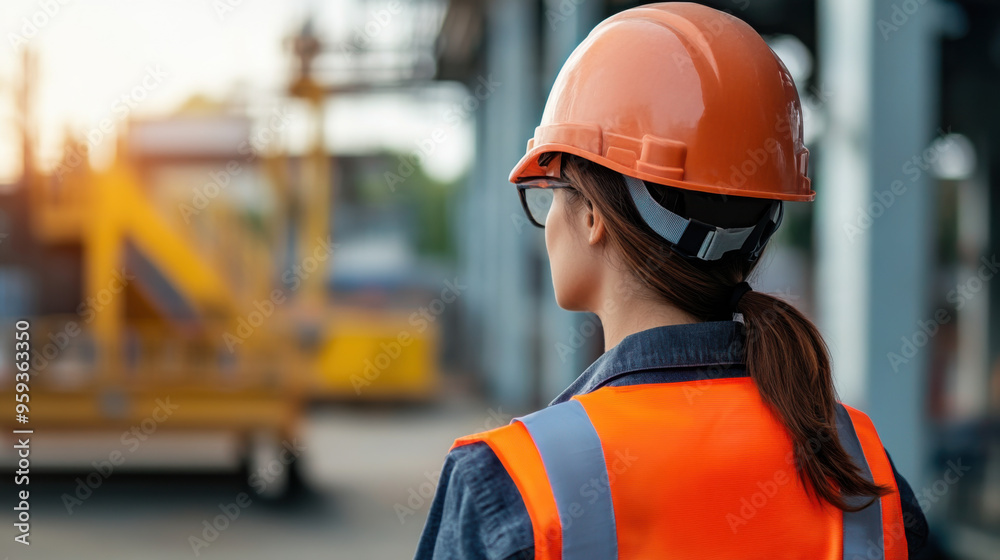Female construction worker wearing a hard hat and safety vest, overseeing activities on a construction site, focusing on safety and supervision. Female construction worker wearing a hard hat and safety vest, overseeing activities on a construction site, focusing on safety and supervision.