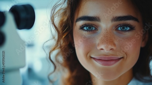 Close up photo of young smiling female patient during vision examination Eyesight health checkup Ophthalmologist visit Vision loss myopia cataract prevention : Generative AI photo