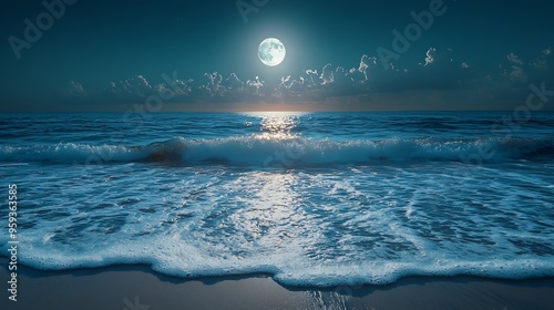 calm sea scenery at night waves wash empty sandy beach in full moon light relax and summer vacation concept warm velvet season weather with clouds on the sky : Generative AI