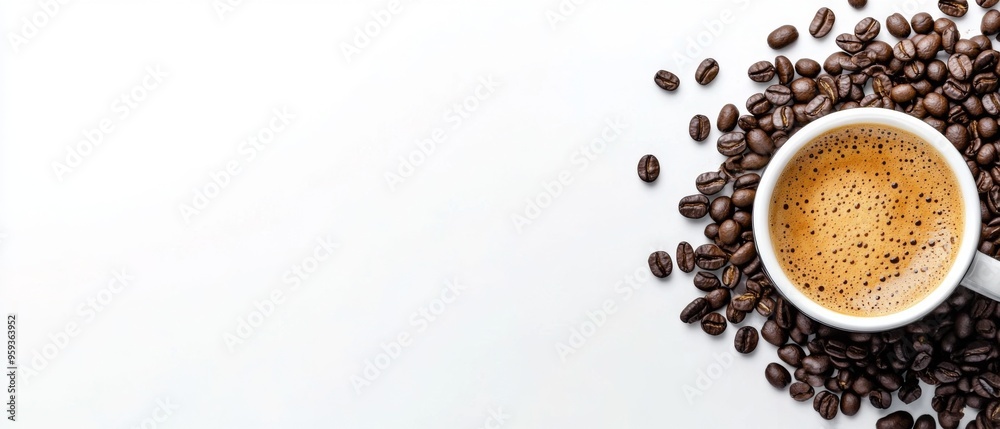 White background with coffee beans and a cup of espresso, flat lay design with copy space. White background with coffee beans and a cup of espresso, flat lay design with copy space.