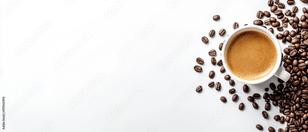 Obraz premium White background with coffee beans and a cup of espresso, flat lay design with copy space.