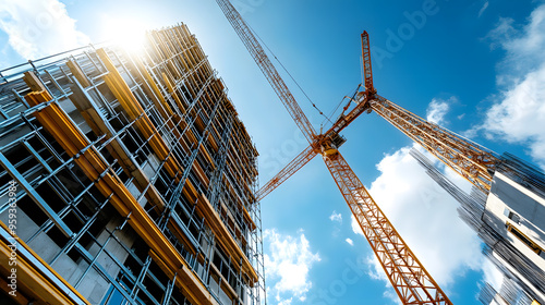 Fototapeta Naklejka Na Ścianę i Meble -  High-rise steel structure under construction cranes and tower