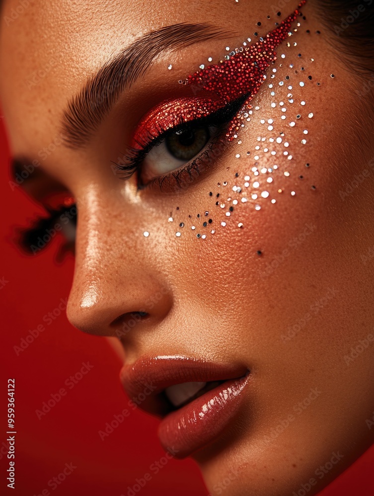 Naklejka premium Vivid Glamour: Intense Red Makeup with Sparkling Glitter