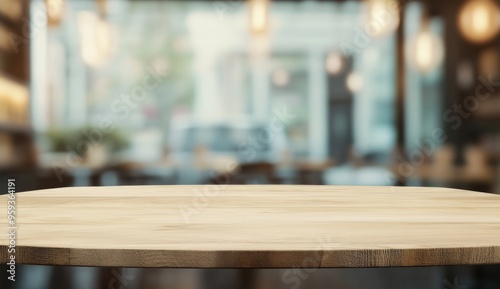 Empty wooden table top with blurred background for product display in a dining or coffee shop interior.