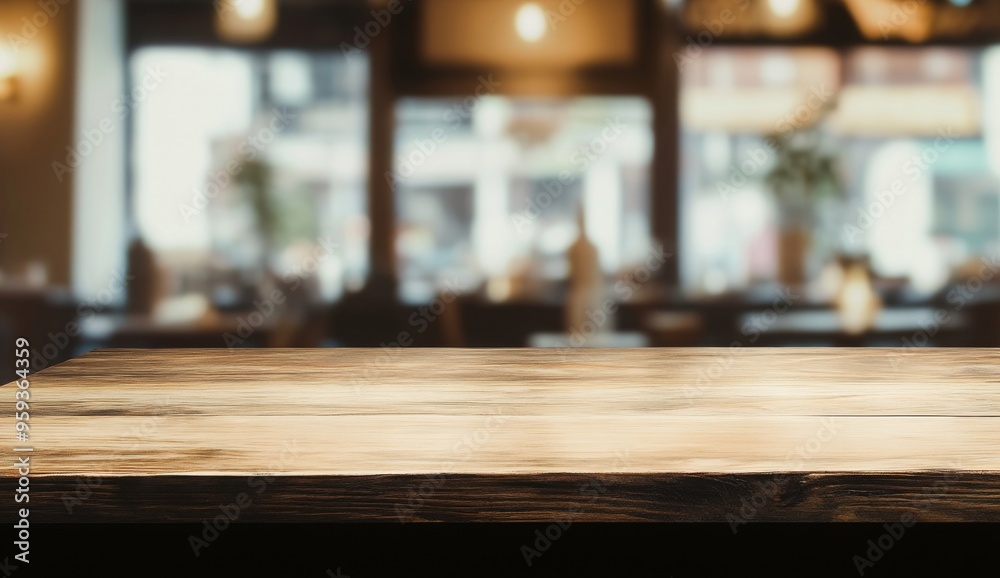 Empty wooden table top with blurred background for product display in a dining or coffee shop interior. Empty wooden table top with blurred background for product display in a dining or coffee shop interior.