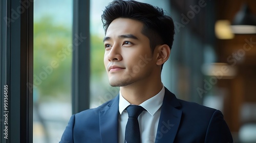 A portrait of a successful and handsome millennial Asian businessman in a formal suit looking out the window thinking and planning new strategies for his business while sipping coffee : Generative AI