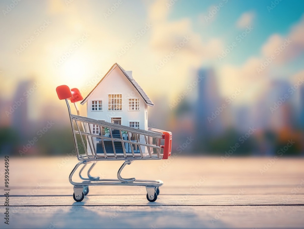 Shopping cart with a house model against a cityscape background, symbolizing real estate and property investment. High-resolution stock photo with copy space on the left side of the frame. Shopping cart with a house model against a cityscape background, symbolizing real estate and property investment. High-resolution stock photo with copy space on the left side of the frame.