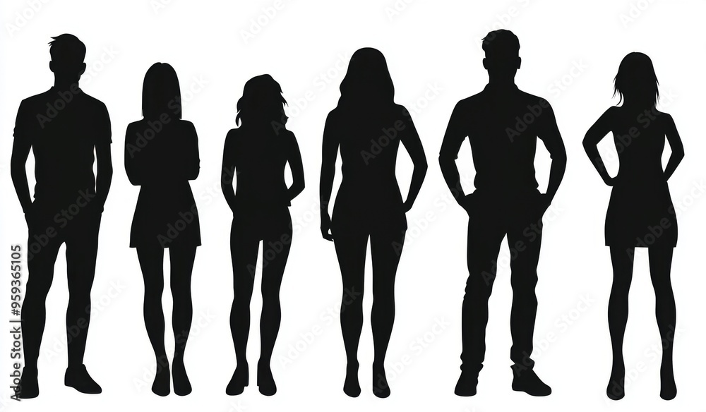 Silhouette of a diverse group of people standing together, including both male and female figures, in a black vector illustration on a white background. Ideal for representing a business team or group Silhouette of a diverse group of people standing together, including both male and female figures, in a black vector illustration on a white background. Ideal for representing a business team or group