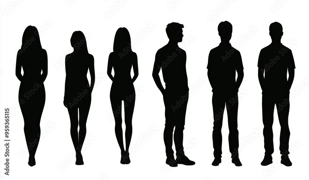 Silhouette of a diverse group of people standing together, including both male and female figures, in a black vector illustration on a white background. Ideal for representing a business team or group Silhouette of a diverse group of people standing together, including both male and female figures, in a black vector illustration on a white background. Ideal for representing a business team or group