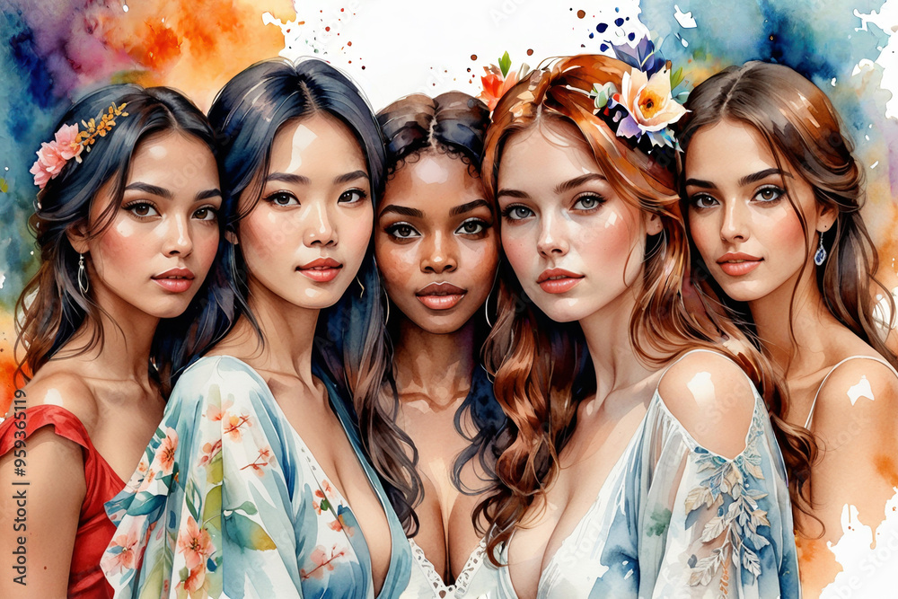 Happy group of women for International Women’s Day, watercolor illustration style Happy group of women for International Women’s Day, watercolor illustration style