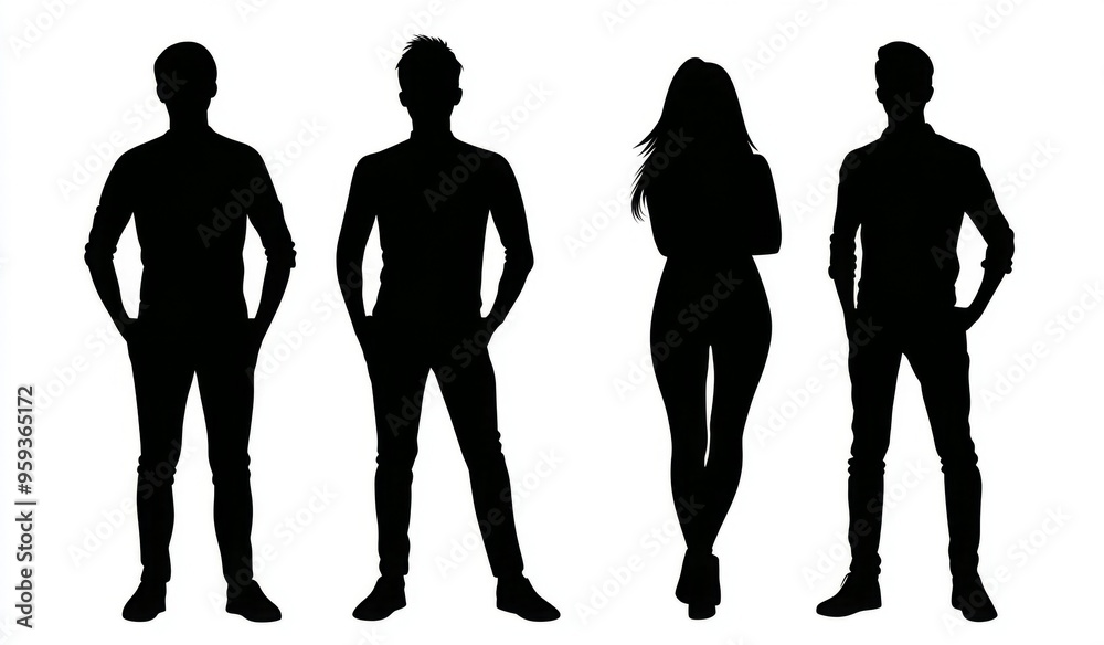 Silhouette of a diverse group of people standing together, including both male and female figures, in a black vector illustration on a white background. Ideal for representing a business team or group Silhouette of a diverse group of people standing together, including both male and female figures, in a black vector illustration on a white background. Ideal for representing a business team or group