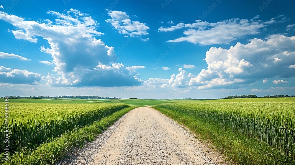 Fototapeta premium Country gravel road and green wheat fields with sky clouds natural landscape under blue sky : Generative AI