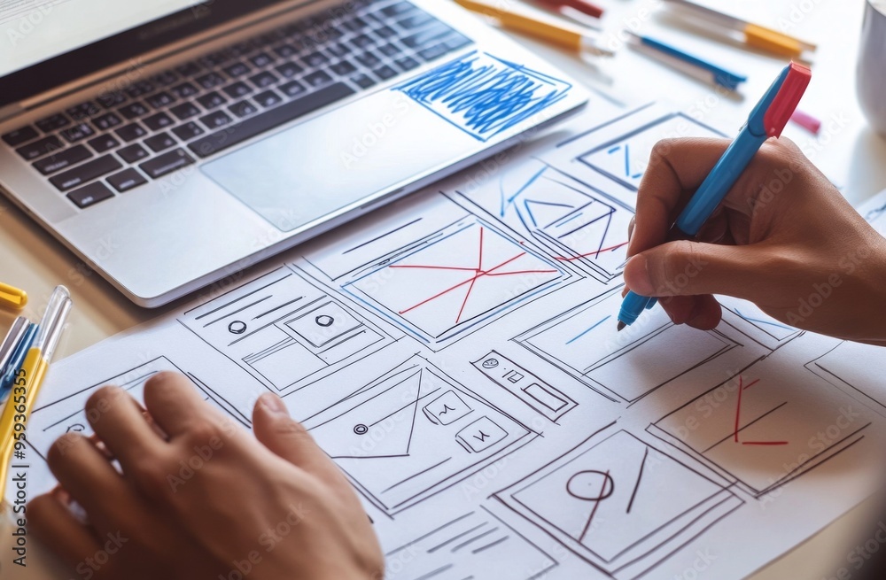 Designer sketching mobile app wireframes on paper, surrounded by graphic design tools, with an open laptop displaying digital mockups in the background. Captures the UI development process. Designer sketching mobile app wireframes on paper, surrounded by graphic design tools, with an open laptop displaying digital mockups in the background. Captures the UI development process.