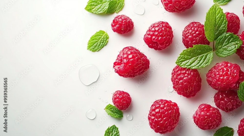 Fresh raspberries and mint leaves on a white background, showcasing vibrant colors and textures. Fresh raspberries and mint leaves on a white background, showcasing vibrant colors and textures.