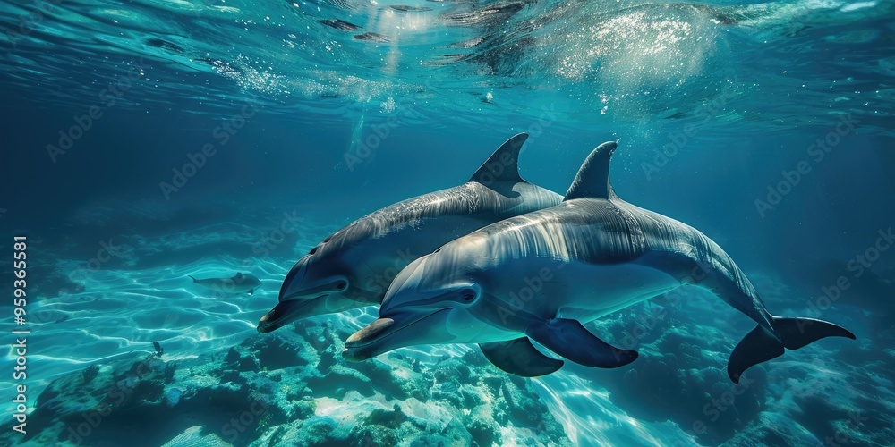 Fototapeta premium Bottlenose Dolphin Mother and Calf Swimming in the Deep Blue