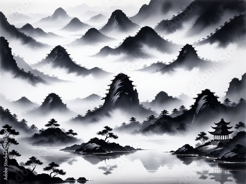 Tranquil black and white ink painting of a misty mountain landscape with a peaceful lake and a small pagoda.