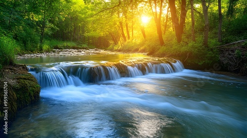 A tranquil river flowing through a forest, symbolizing peace and calm