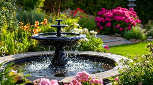 A peaceful garden with a water fountain and blooming flowers, inviting relaxation