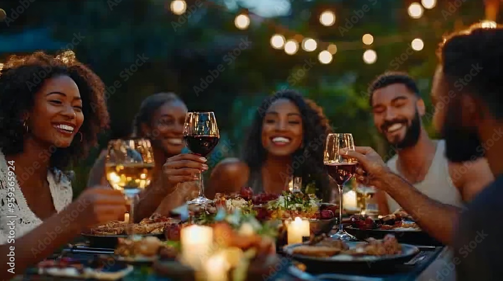 Cheerful diverse group celebrating with wine toast at alfresco dinner Multicultural friends gathered around table with appetizers enjoying outdoor meal in garden setting : Generative AI Cheerful diverse group celebrating with wine toast at alfresco dinner Multicultural friends gathered around table with appetizers enjoying outdoor meal in garden setting : Generative AI