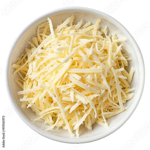 Mozzarella cheese shredded in a white bowl top view isolated on transparent white background, clipping path