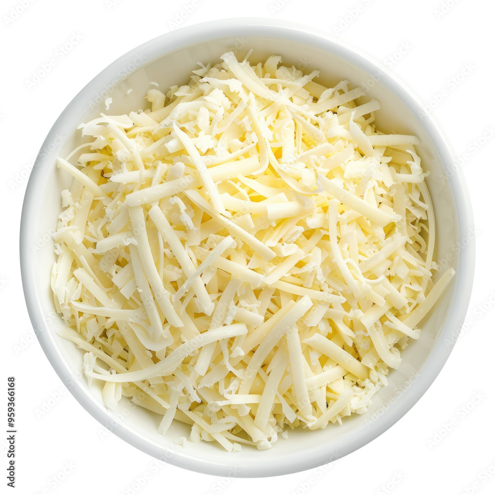 Mozzarella cheese shredded in a white bowl top view isolated on transparent white background, clipping path Mozzarella cheese shredded in a white bowl top view isolated on transparent white background, clipping path