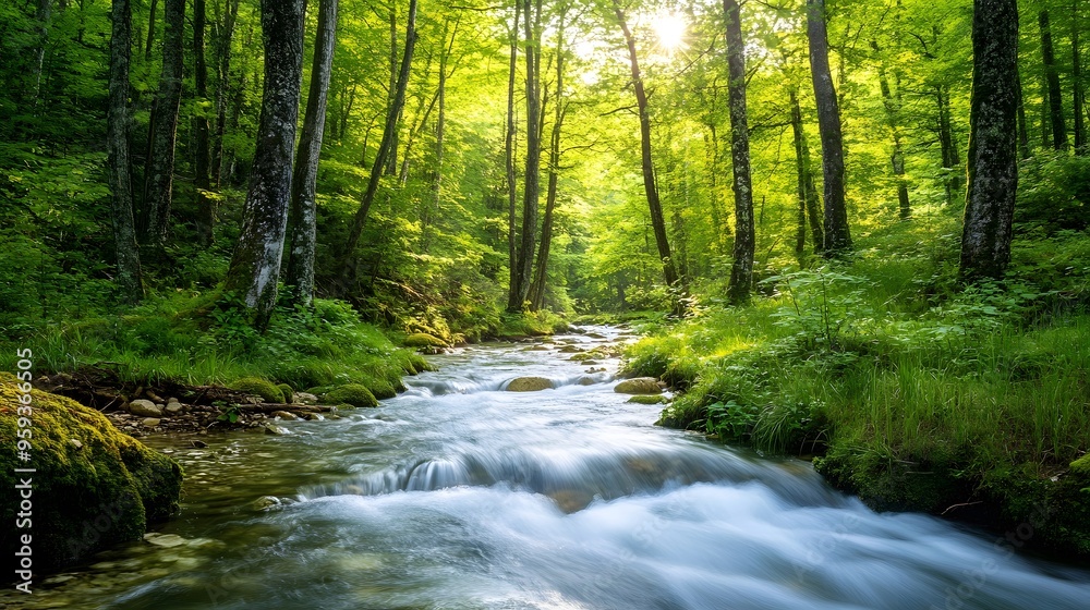 A tranquil river flowing through a forest, symbolizing peace and calm A tranquil river flowing through a forest, symbolizing peace and calm