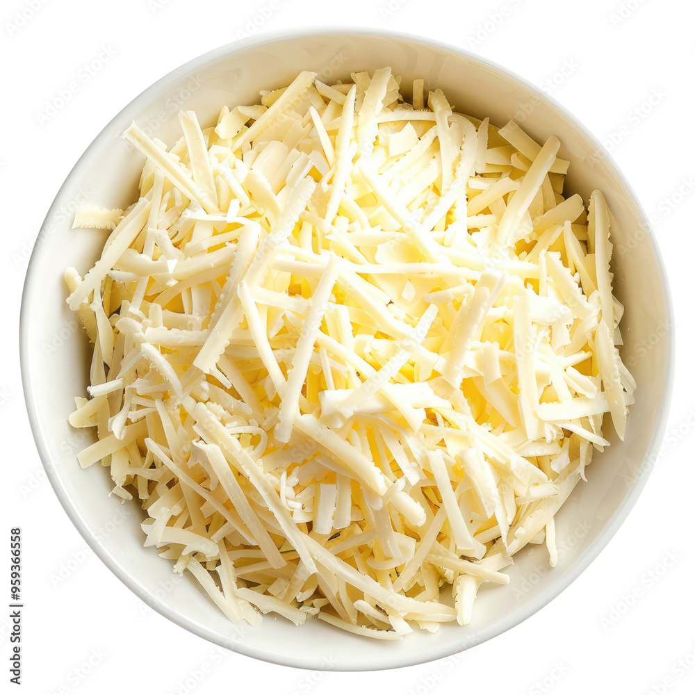 Mozzarella cheese shredded in a white bowl top view isolated on transparent white background, clipping path Mozzarella cheese shredded in a white bowl top view isolated on transparent white background, clipping path