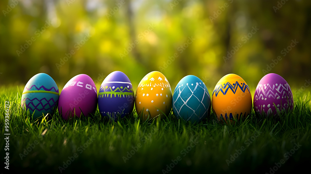 Six brightly colored Easter eggs with white patterns rest in a row on lush green grass with a blurred background of green trees. Six brightly colored Easter eggs with white patterns rest in a row on lush green grass with a blurred background of green trees.
