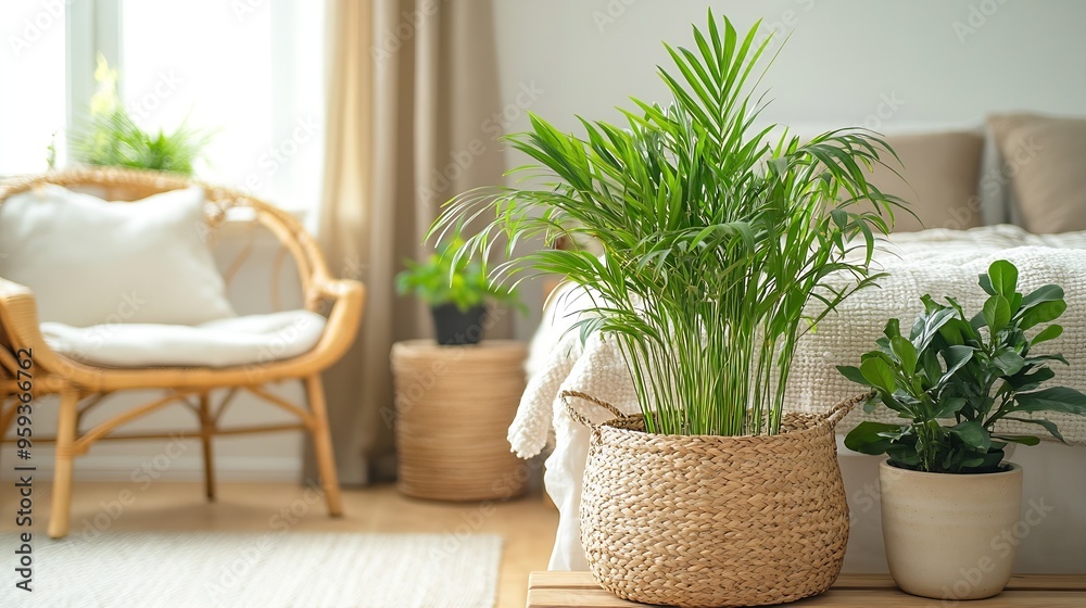 House plants in wicker basket and ceramic pots stand on wooden bench against armchair and comfy bed with white baldachin Morning light in bright boho chic style bedroom Scandinavian in : Generative AI House plants in wicker basket and ceramic pots stand on wooden bench against armchair and comfy bed with white baldachin Morning light in bright boho chic style bedroom Scandinavian in : Generative AI