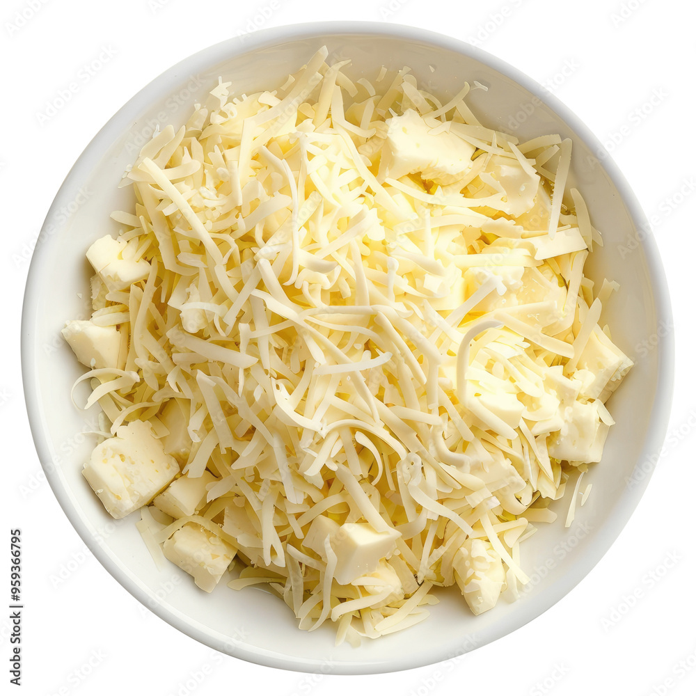 Mozzarella cheese shredded in a white bowl top view isolated on transparent white background, clipping path