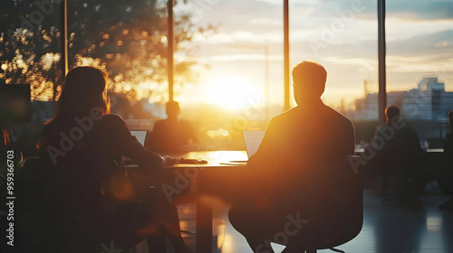 Silhouettes of two people sitting at a table with laptops, facing a window with a sunset view.