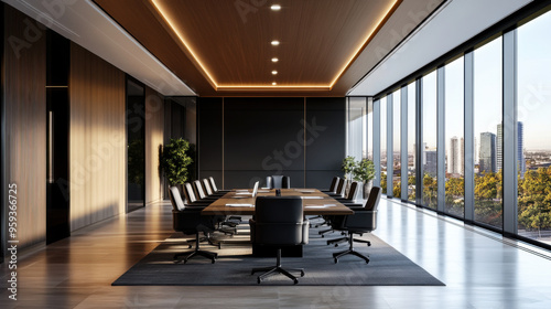 A spacious, modern conference room with large windows offering a panoramic view of a city skyline.