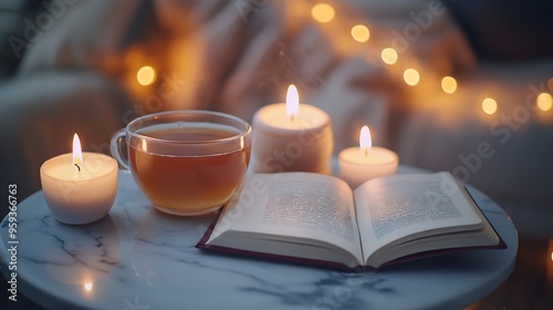 Cup of tea with paper open book and burning scented candles on marble table over cozy chair and glowing lights in bedroom closeup Winter holiday season : Generative AI